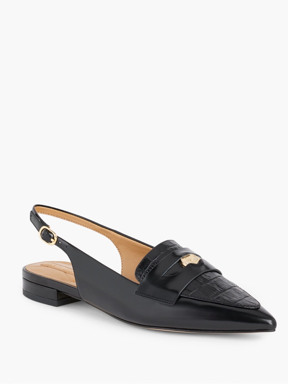 Talbots Black Croc-Embossed Pointed Slingback Loafers